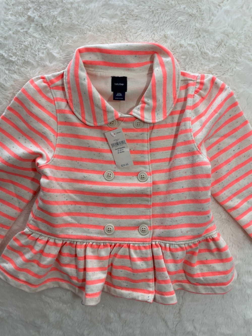 SALE! NWT GAP Baby Ivory and Neon Coral Striped Peplum Jacket Size 18-24 Mo